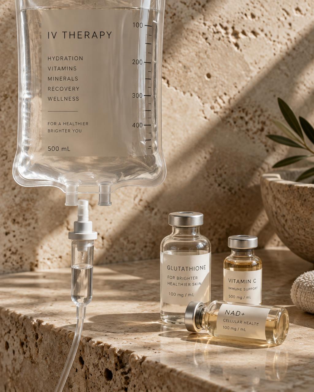 IV therapy and vials on travertine
